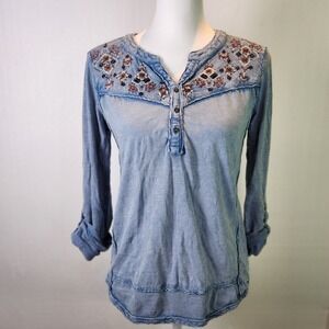 Style & Co Boho Western Embroidered Henley Denim Look   Beaded Cotton Top M